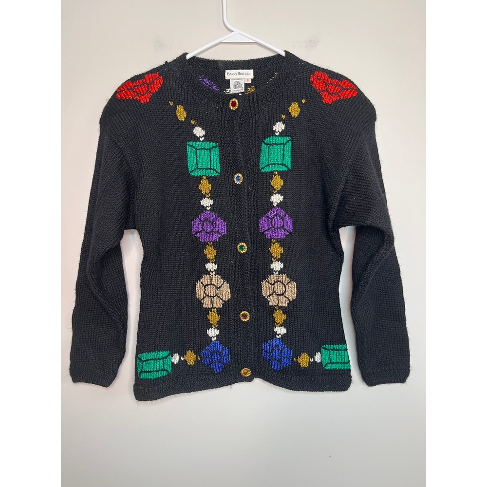 1980s Barry Bricken Gemstone Metallic Wool Glam Jewels Novelty Cardigan S